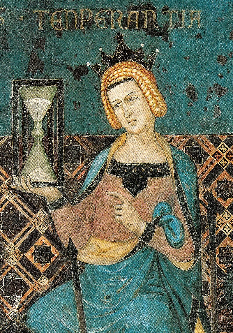 Temperance bir kum saati takıyor; İyi Yönetim Alegorisi , detay, Lorenzetti , 1338.