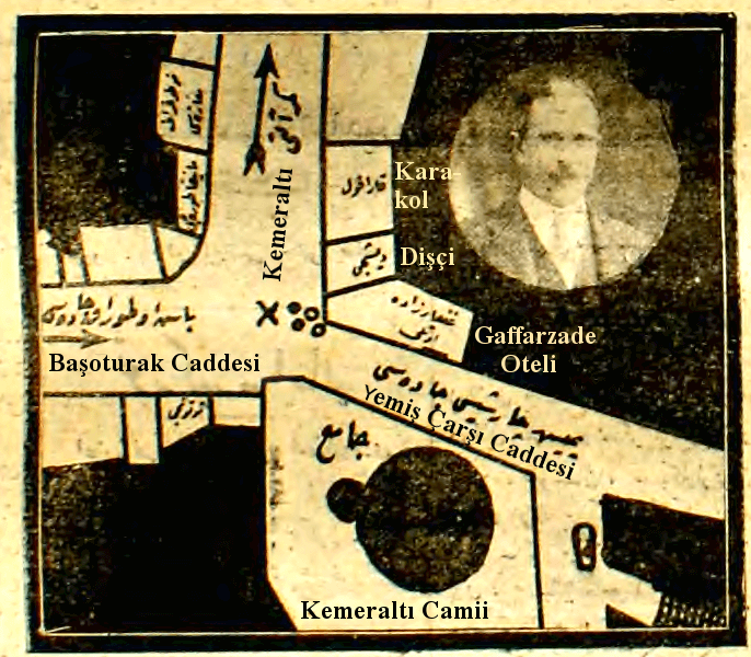 21 Haziran 1926'da Vakit gazetesinde yayınlanan suikast noktasını gösteren kroki . Bugün bu nokta 853. Cadde ile Anafartalar Caddesi'nin kesiştiği nokta.