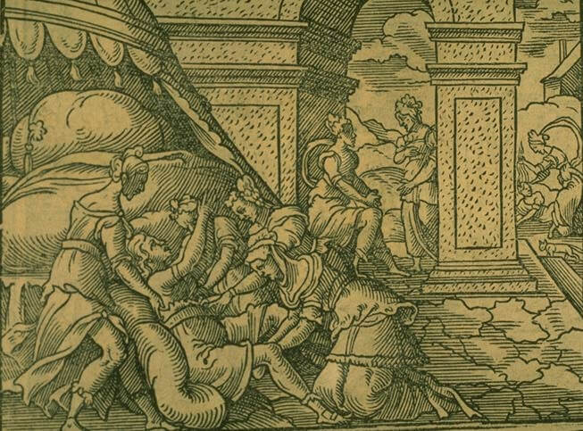 Alkmene'nin doğumunun tasviri. Ovid'in Metamorfozları için Virgil Solis tarafından yapılmış gravür