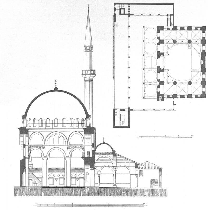 Rüstem Paşa Camii'nin sanat tarihçisi Cornelious Gurlitt tarafından 1912'de hazırlanan plan ve kesit seksiyon çizimi