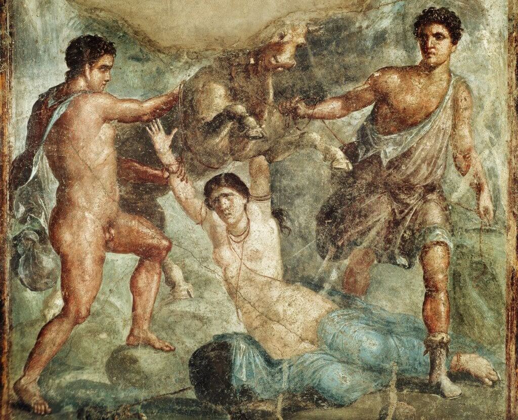 Amphion ve Zethus'u Dirce'yi boğaya tabi tutan bir Roma freski ( Vettii Evi'nden , Pompeii'den )