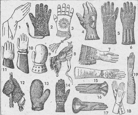 Tarihi eldivenlerden örnekler: 1 — XIII yüzyıl.; 2 — XIII. yüzyılda Viyana'da giyilen bir eldiven; 3 — XVIII. yüzyılda din adamlarının giydikleri eldiven; 4 — XIII yüzyılda zırhlı eldiven; 5 — XIII, yüzyılda kullanılan bir başka zırhlı eldiven; 6 — XIII yüzyılın diğer bir zırhlı eldiveni, 7 — XVI. yüzyılın işlemeli eldiveni; 8 — XV yüzyılda doğan, şahin gibi kuşlarla çıkılan avlarda giyilen eldiven; 9 — Eski bir boks eldiveni; 10, 11 — Eski eskrim eldivenleri; 12 Bağcı eldiveni; 13 — Kıldan örme eldiven; 14 — Yün eldiven; 15 — XVIII. yüzyıl işlemeli kadın eldiveni; 16 — Erkek eldiveni; 17 — İçi kürklü eldiven; 18, 19 — Eski kadın eldivenleri.