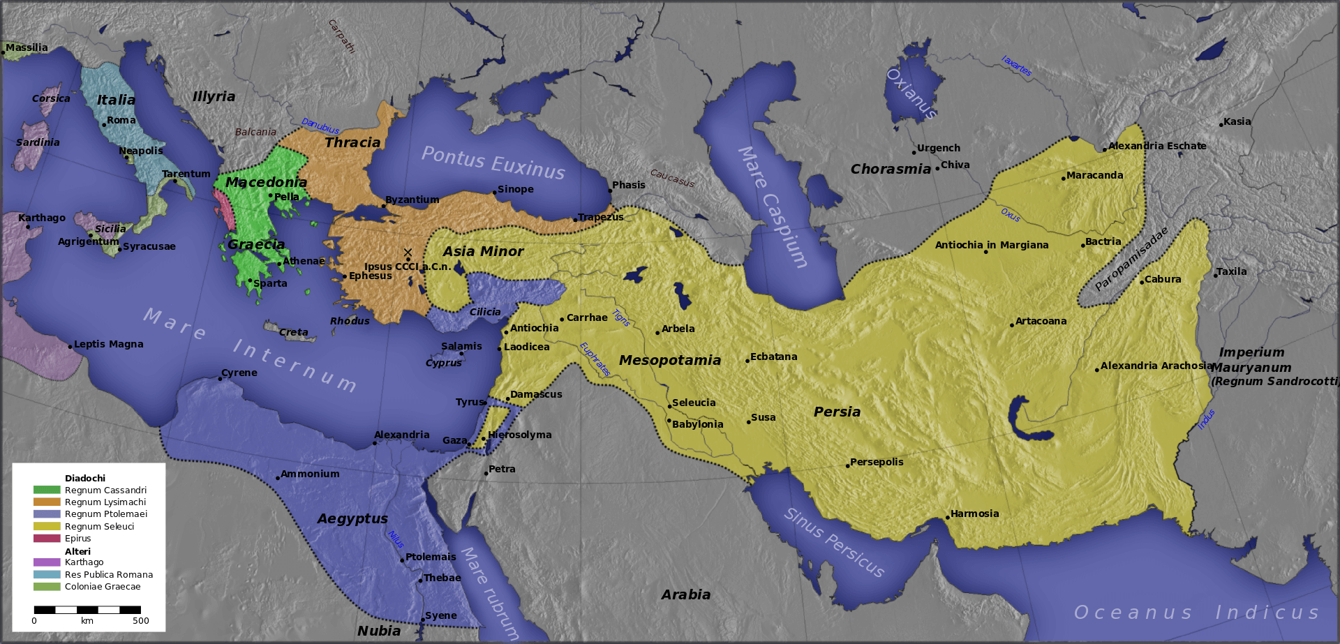 Seleukos İmparatorluğu'nun haritası (Sarı renkte)