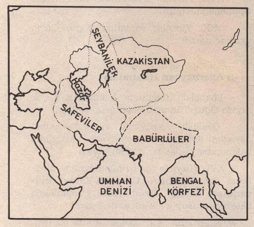 Şeybaniler - Safeviler - Babürlüler - Kazak Hanlığı Haritası