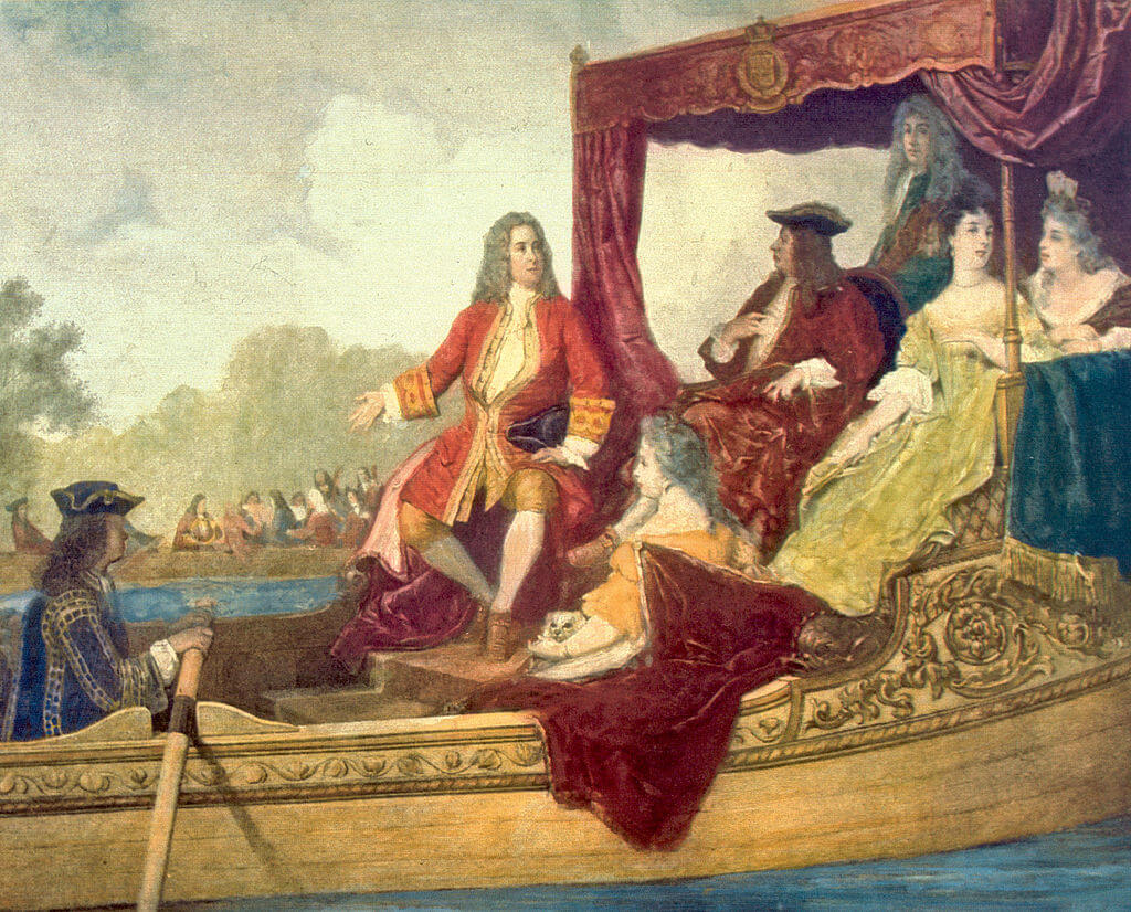 Handel (ortada) ve King George I , Thames Nehri üzerinde , 17 Temmuz 1717, Edouard Hamman (1819–88)