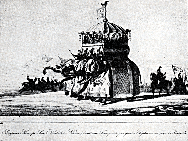 “Savaş gününde dört fil tarafından taşınan bir kulede bulunan İmparator Kubilay Han” Fransız gravürü, 18. yüzyıl.
