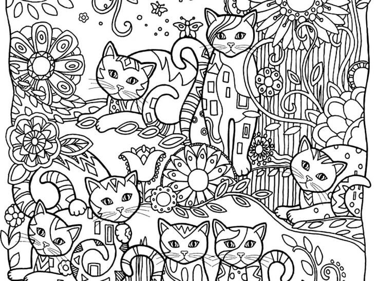 Sanatsal kedi boyama sayfası. Kedi severler için muhteşem.