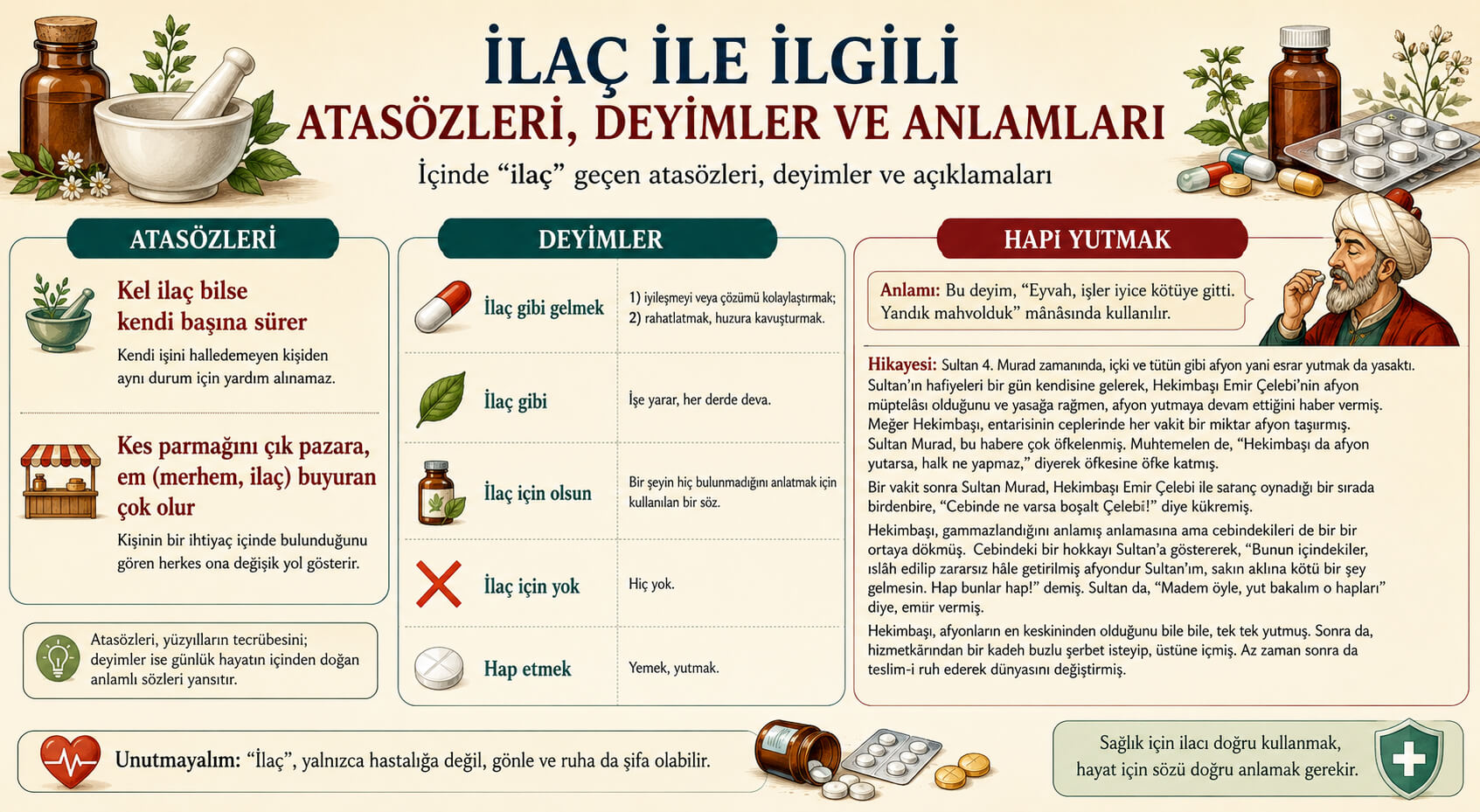 İlaç İle İlgili Atasözleri Deyimler ve Anlamları Açıklamaları, İçinde İlaç Geçen