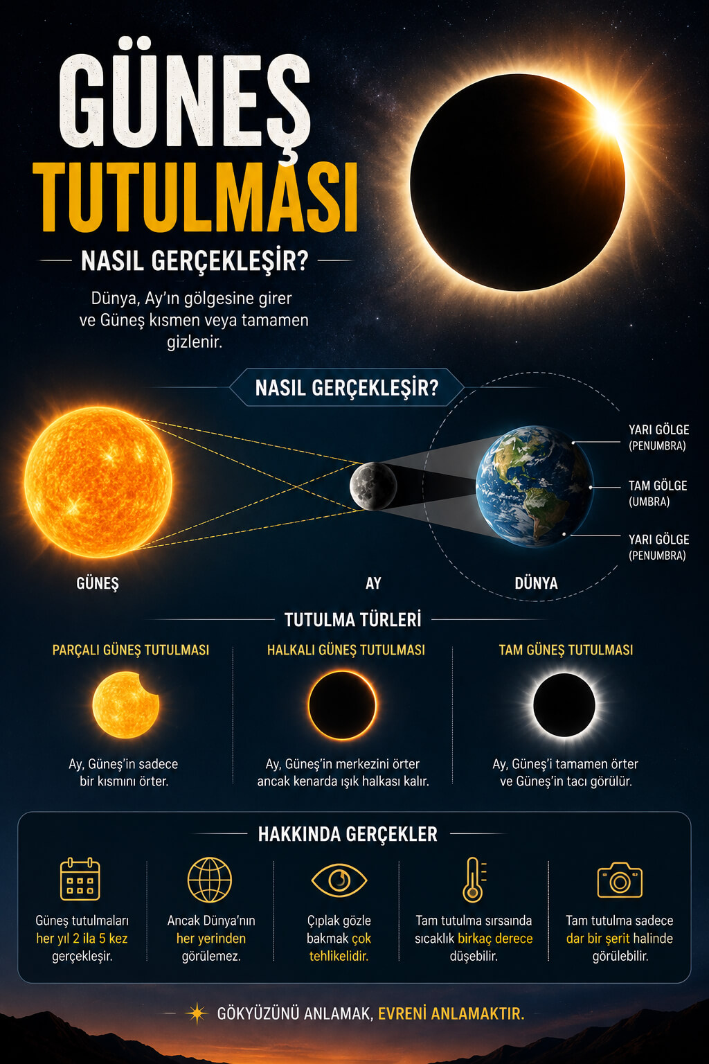 Güneş Tutulması Nasıl Gerçekleşir? Diyagramları ve Hakkında Gerçekler