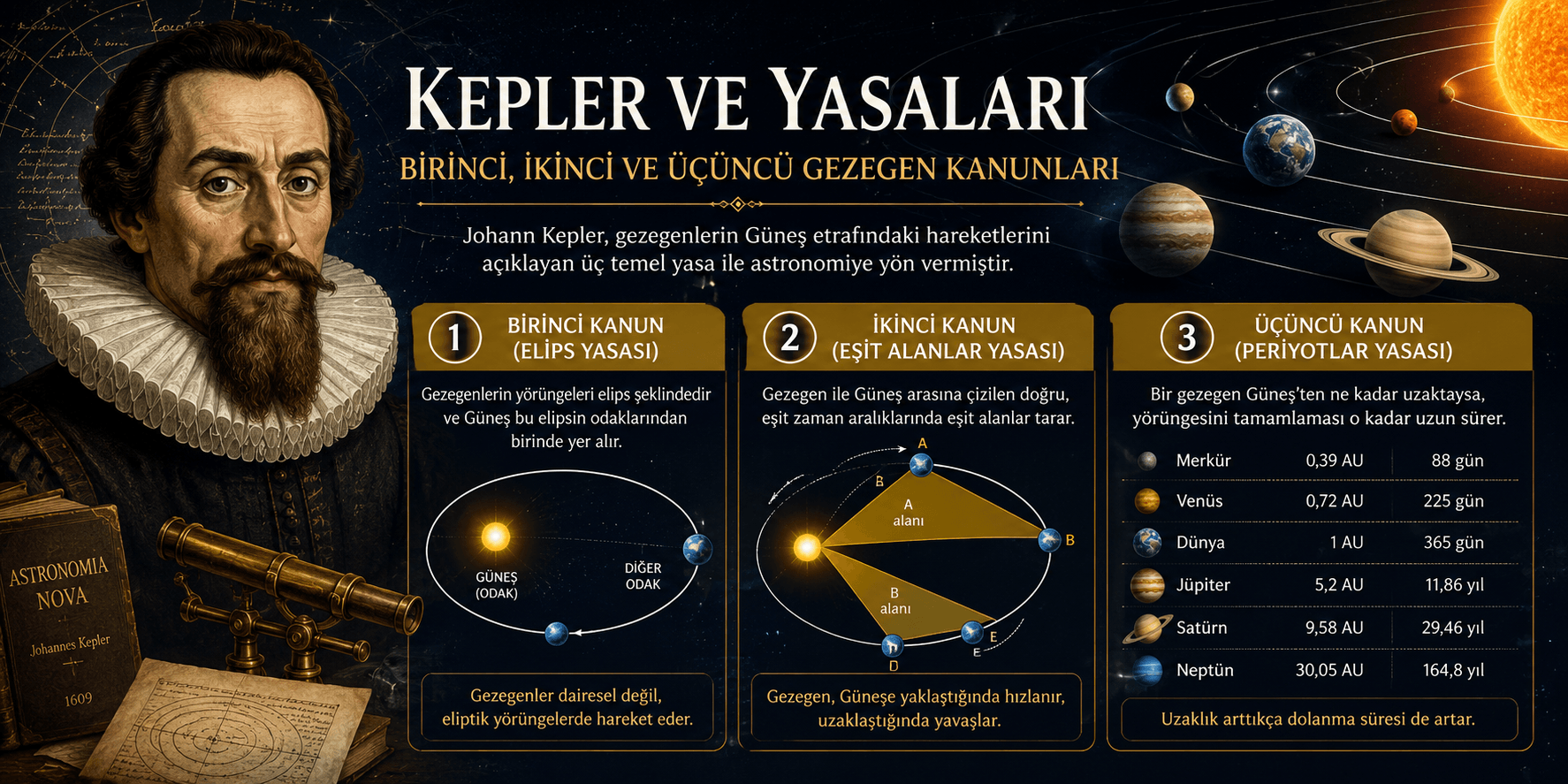 Kepler ve Yasaları (Birinci İkinci ve Üçüncü Gezegen Kanunları)
