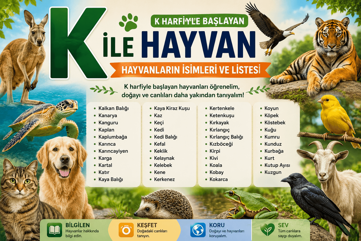 K ile Hayvan, K Harfiyle Başlayan Hayvanların İsimleri ve Listesi