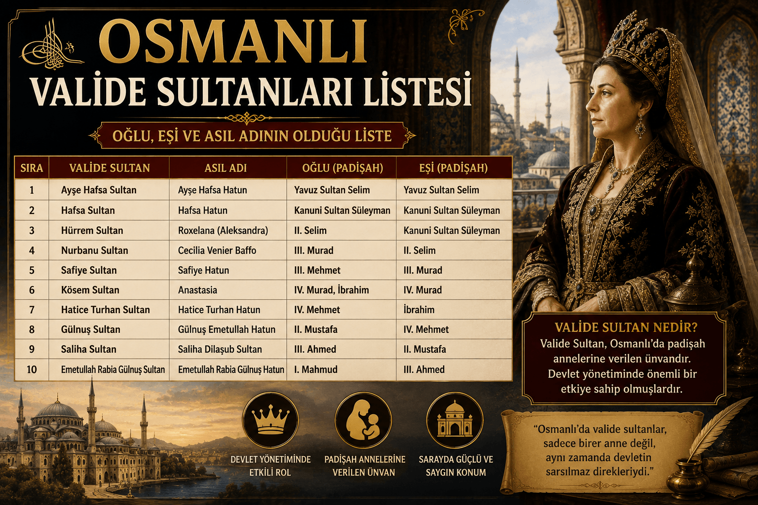 Osmanlı Valide Sultanları Listesi (Oğlu, Eşi ve Asıl Adının Olduğu Liste)