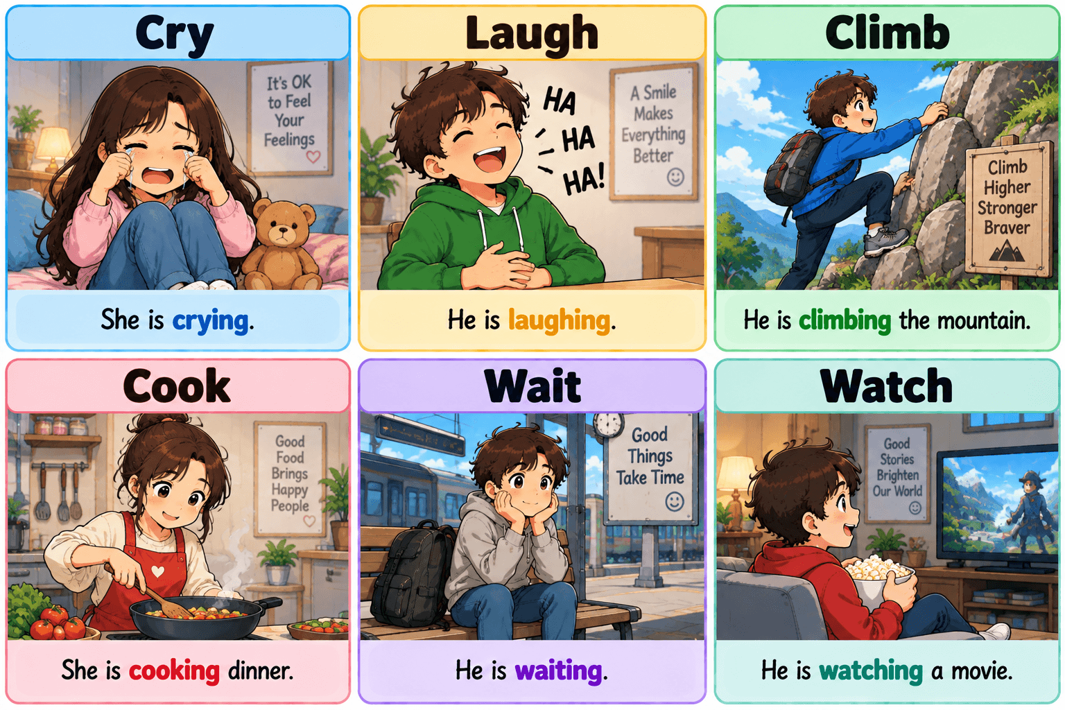Cry - Laugh - Climb - Cook - Wait - Watch