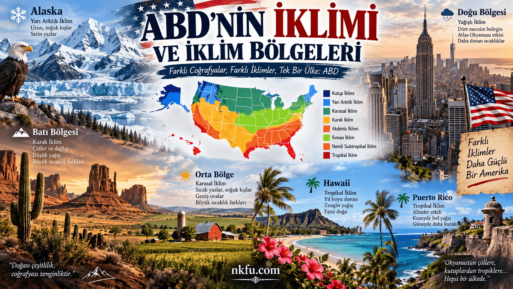 ABD'nin iklim özellikleri, iklim kuşakları ve bölgesel farklılıkları hakkında bilgi. Alaska, Hawaii, Puerto Rico ve ABD'nin farklı bölgelerindeki iklim özellikleri.