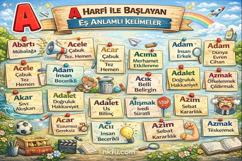 A Harfi İle Başlayan Eş Anlamlı Kelimeler Listesi ve Karşılıkları