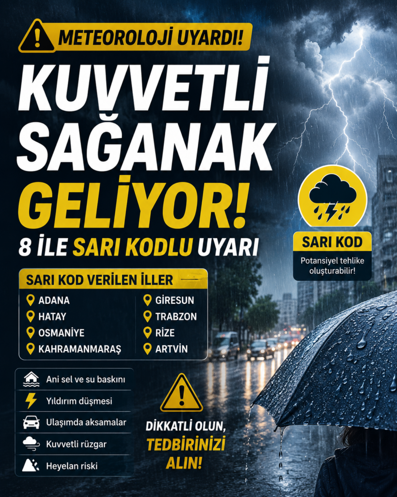 # Kuvvetli Sağanak Geliyor: Meteoroloji’den 8 İle Sarı Kodlu Uyarı! Vatandaşlar Dikkat Meteoroloji Genel Müdürlüğü (MGM), Türkiye'nin bazı bölgelerinde etkili olması beklenen kuvvetli sağanak yağışlar nedeniyle önemli bir hava durumu uyarısı yayımladı. Yapılan açıklamaya göre 8 il için sarı kodlu meteorolojik uyarı verildi. Özellikle Karadeniz ve Akdeniz bölgelerinde yaşayan vatandaşların ani sel, su baskını, yıldırım ve ulaşımda yaşanabilecek aksamalara karşı dikkatli olması gerekiyor. Güncel hava durumu gelişmelerini yakından takip eden vatandaşlar için hazırladığımız bu içerikte sarı kodlu uyarının ne anlama geldiğini, hangi illerin risk altında olduğunu ve alınması gereken önlemleri detaylı şekilde ele alıyoruz. ## Meteoroloji'den Sarı Kodlu Uyarı Geldi Meteoroloji Genel Müdürlüğü tarafından yayımlanan son değerlendirmelere göre 29 Mayıs tarihinde etkili olması beklenen kuvvetli sağanak yağışlar nedeniyle 8 il sarı kod ile uyarıldı. Meteorolojik verilere göre yağışların yer yer kuvvetli şekilde görülmesi bekleniyor. Sarı kodlu uyarı verilen iller şunlardır: * Adana * Hatay * Osmaniye * Kahramanmaraş * Giresun * Trabzon * Rize * Artvin Uzmanlar özellikle dere yataklarına yakın bölgelerde yaşayan vatandaşların daha dikkatli olması gerektiğini belirtiyor. ## Sarı Kod Nedir? Ne Anlama Geliyor? Meteoroloji Genel Müdürlüğü tarafından kullanılan renk kodları, hava olaylarının oluşturabileceği risk seviyelerini göstermektedir. Sarı kod, hava durumunun potansiyel tehlike oluşturabileceğini ifade eder. Tahmin edilen meteorolojik olay olağan dışı olmasa da günlük yaşamı etkileyebilecek riskler taşıyabilir. Bu nedenle vatandaşların hava tahminlerini takip etmeleri ve tedbirli davranmaları önerilmektedir. Meteorolojide kullanılan diğer renk kodları ise şu şekildedir: * Yeşil: Risk bulunmuyor. * Sarı: Potansiyel tehlike mevcut. * Turuncu: Tehlikeli hava koşulları bekleniyor. * Kırmızı: Çok ciddi ve hayatı tehdit eden meteorolojik olaylar bekleniyor. ## Kuvvetli Sağanak Hangi Riskleri Beraberinde Getiriyor? Kuvvetli yağışlar yalnızca yağmur anlamına gelmez. Özellikle kısa sürede düşen yoğun yağışlar birçok olumsuz duruma neden olabilir. Beklenen riskler arasında şunlar bulunuyor: * Ani sel ve su baskınları * Yıldırım düşmesi * Yerel dolu yağışları * Ulaşımda aksamalar * Görüş mesafesinde azalma * Heyelan riski * Çatı uçmaları ve ağaç devrilmeleri Yetkililer zorunlu olmadıkça açık alanlarda bulunulmamasını ve araç sürücülerinin dikkatli hareket etmesini tavsiye ediyor. ## Vatandaşlar Hangi Önlemleri Almalı? Meteorolojik uyarılar sırasında alınacak basit önlemler büyük risklerin önüne geçebilir. Uzmanların önerileri şu şekilde: * Güncel hava durumu tahminlerini takip edin. * Sel riski bulunan bölgelerden uzak durun. * Araçlarınızı su birikintilerinin oluşabileceği alanlara park etmeyin. * Elektrik direkleri ve büyük ağaçların yakınında beklemeyin. * Acil durumlar için telefonlarınızı şarjlı tutun. * Yetkili kurumların açıklamalarını takip edin. ## NKFU.com Üzerinden Güncel Hava Durumu ve Bilgilendirici İçerikleri Takip Edin Türkiye'de gündem, eğitim, tarih, sağlık ve güncel yaşam konularında içerikler sunan [NKFU.com](https://www.nkfu.com?utm_source=chatgpt.com) üzerinden meteoroloji gelişmeleri, önemli uyarılar ve günlük yaşamı ilgilendiren güncel haberleri takip edebilirsiniz. Özellikle hava olayları, doğal afet riskleri ve vatandaşları ilgilendiren kamu duyuruları konusunda güncel bilgileri düzenli olarak kontrol etmek olası risklere karşı hazırlıklı olmanıza yardımcı olabilir. ## Sonuç Meteoroloji Genel Müdürlüğü'nün yayımladığı son değerlendirmelere göre Türkiye'nin çeşitli bölgelerinde kuvvetli sağanak yağış bekleniyor. Adana, Hatay, Osmaniye, Kahramanmaraş, Giresun, Trabzon, Rize ve Artvin için sarı kodlu uyarı verilmiş durumda. Yetkililer vatandaşların dikkatli ve tedbirli olmasını isterken, güncel hava tahminlerinin düzenli olarak takip edilmesi gerektiğini vurguluyor. Özellikle ani sel ve su baskını riski bulunan bölgelerde yaşayan vatandaşların gerekli önlemleri alması büyük önem taşıyor.