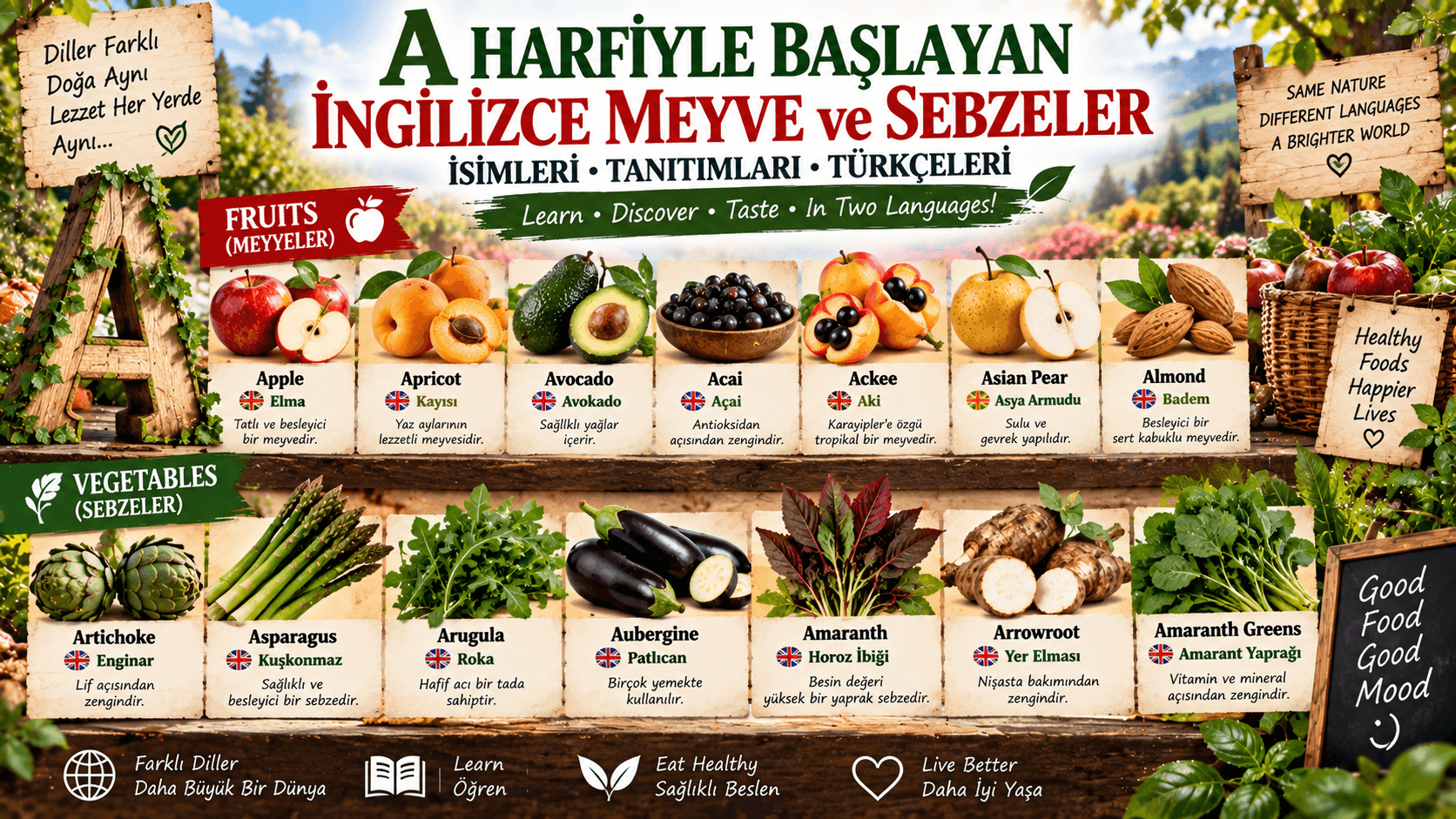A Harfiyle Başlayan İngilizce Meyve, Sebzeler İsimleri Tanıtımları Türkçeleri